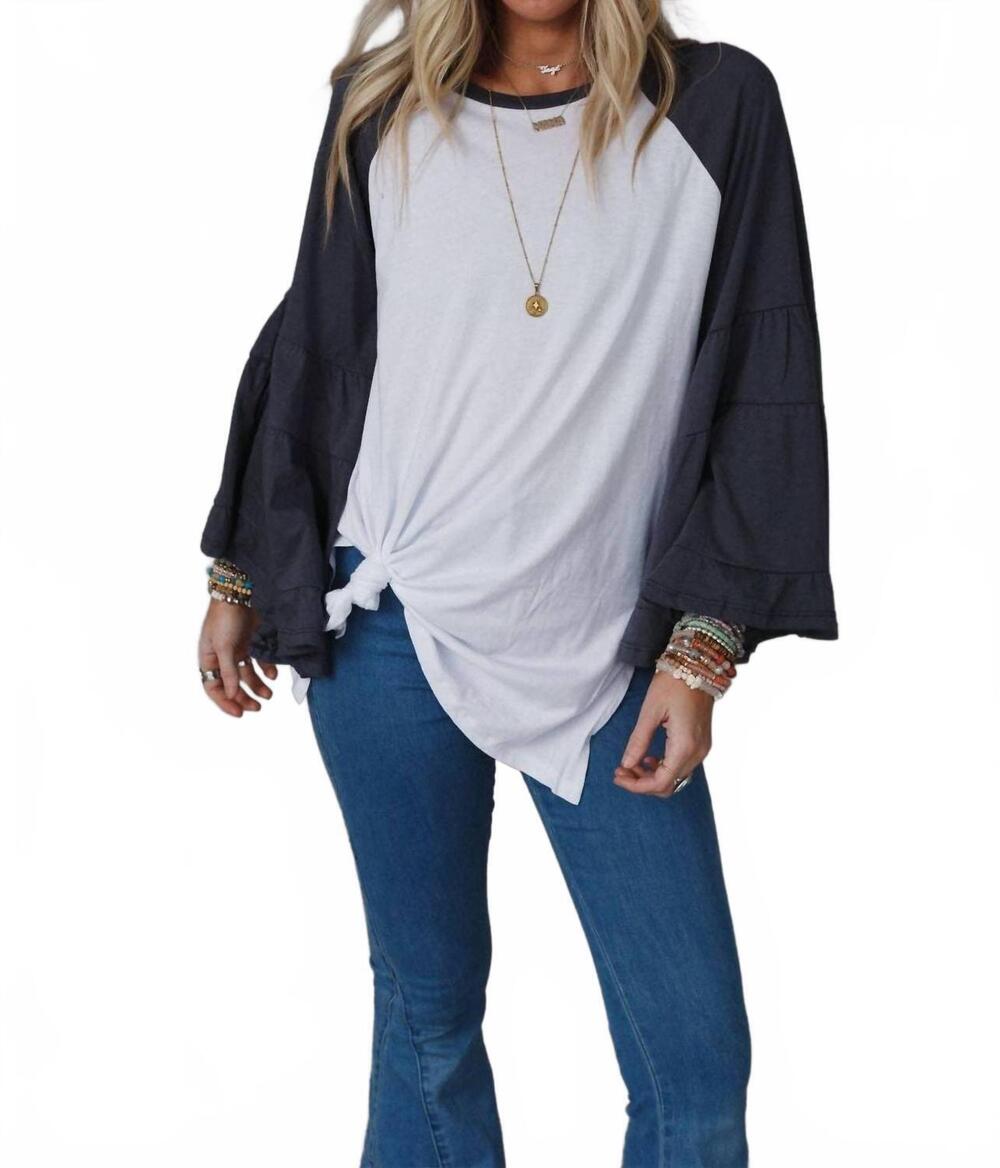 NEW THREE BIRD NEST bell sleeve baseball tee in white